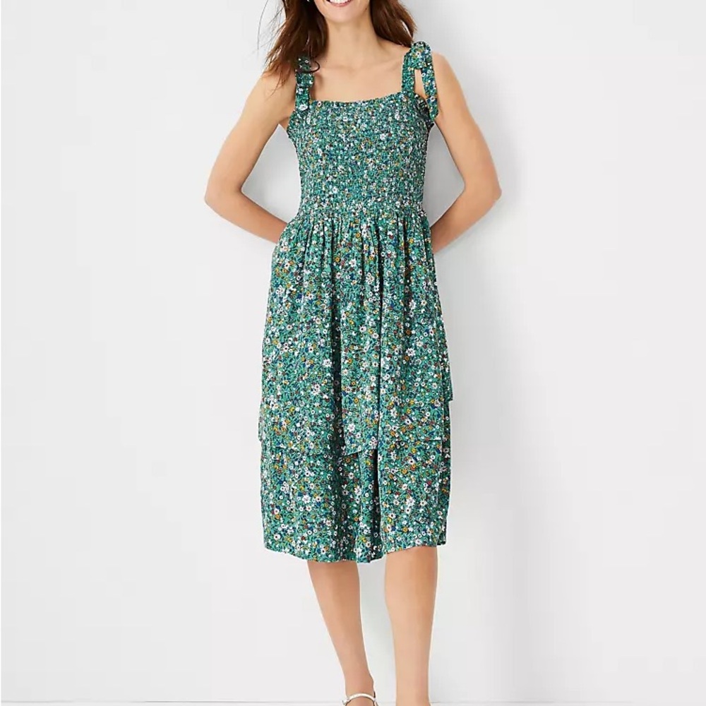Ann Taylor Floral Tie Shoulder Flare Dress